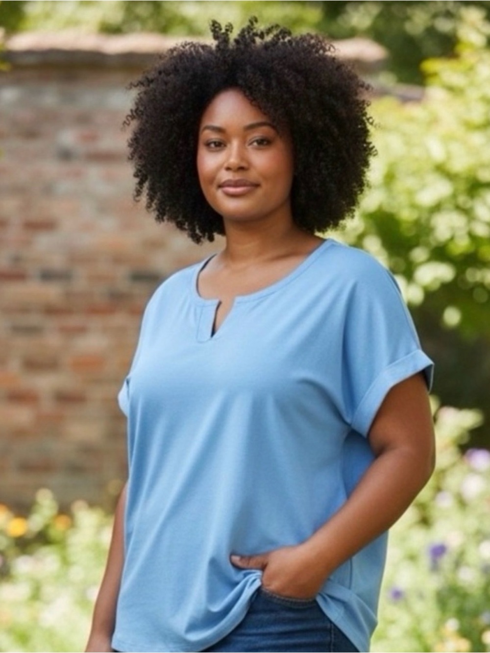 St. John’s Bay Light Blue Women’s Short Sleeve Notch Neck Top